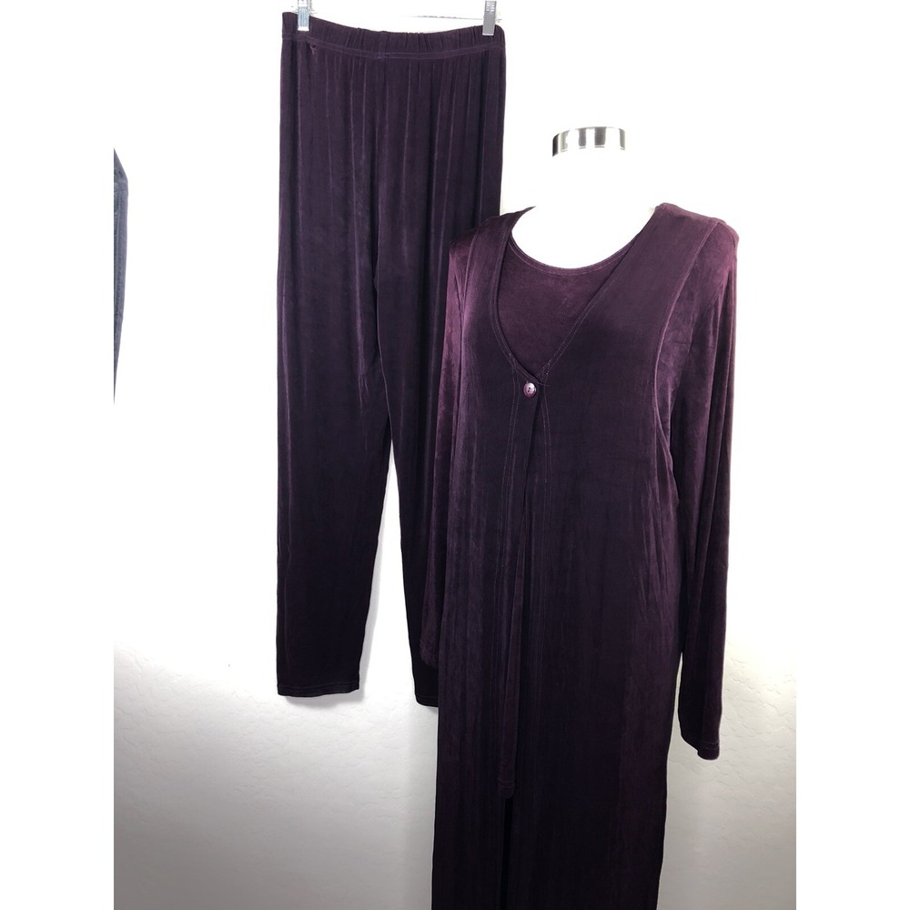 Vintage AMANDA‎ Womens XL 3 Piece Set Acetate  Shirt Pants Duster Stretch Purple